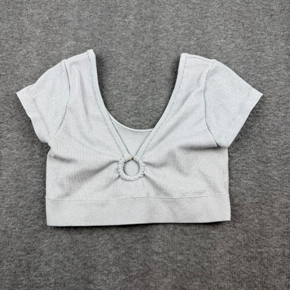 Aerie‎ Crop Top Women's Medium Gray Ribbed O-Ring V-Neck Short Sleeve Lounge